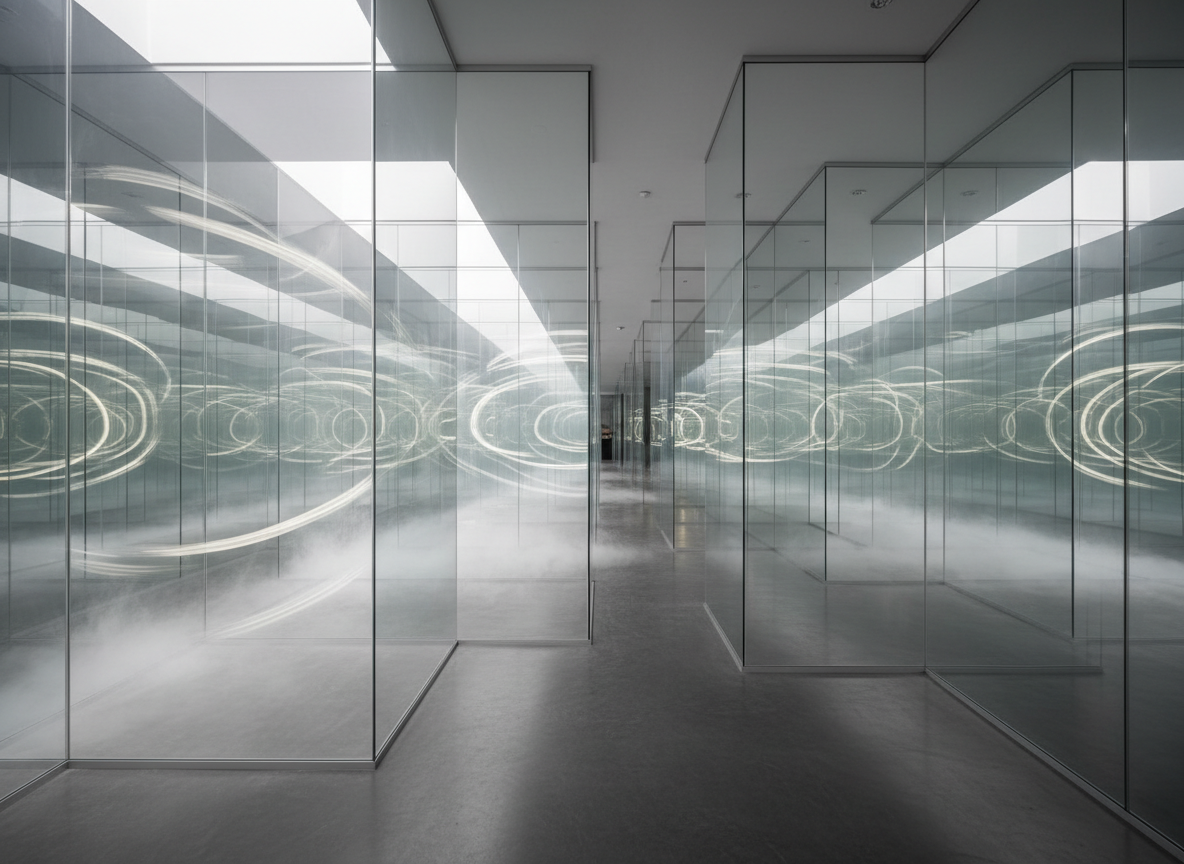 An intricate, mirrored labyrinth made of tall, frameless glass panels, each reflecting subtly different patterns of soft white light, representing multiple layers of observation. The floor is a smooth, charcoal concrete with a satin finish, faintly reflecting the maze. Overhead, diffused skylight pours in from an unseen opening, creating gentle, overlapping reflections without harsh shadows. Wisps of mist coil near the ground, adding depth and mystery. Photographed in a clean, modern, ultra-realistic style from a slightly elevated, wide-angle perspective, the composition leads the eye through receding corridors of glass. The atmosphere is serene yet intellectually stimulating, evoking the complexity of self-awareness without any human presence.